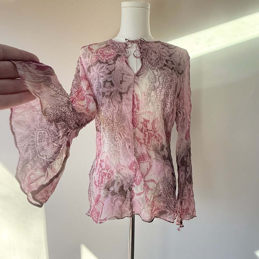 INC 100% Silk Vintage Y2K Pink Paisley Bell Sleeve Tie-Front Sheer Blouse